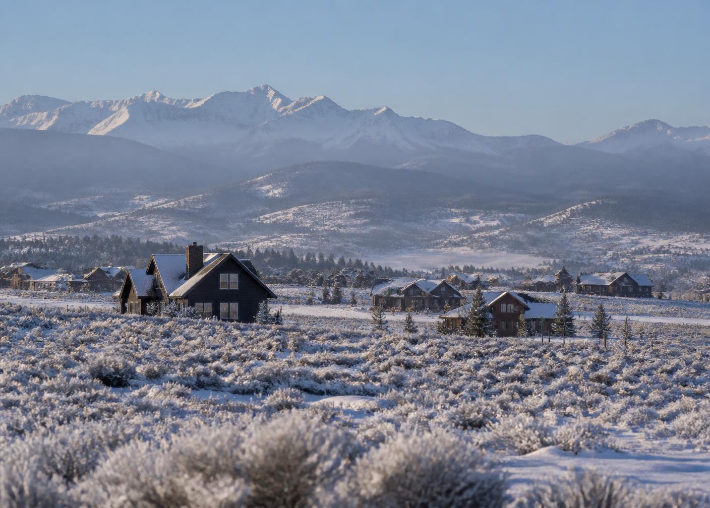 Snowy open valley in Fraser, Colorado with scattered cabins and the Continental Divide behind