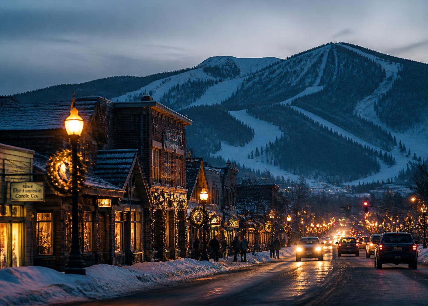 Downtown Winter Park, Colorado at dusk with snow-lined streets and glowing shop windows