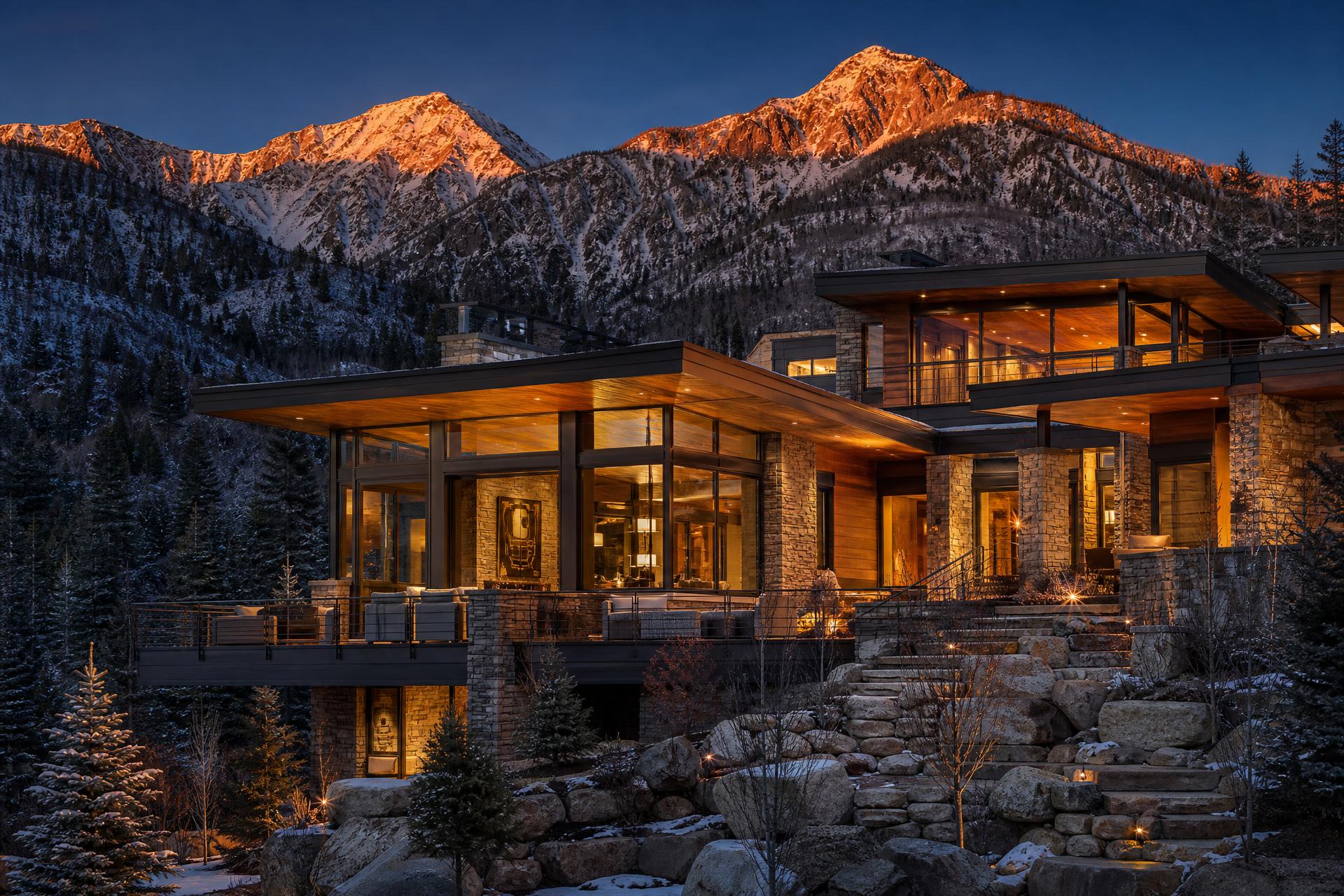 A modern luxury mountain home glowing at twilight in the Colorado Rockies above Winter Park