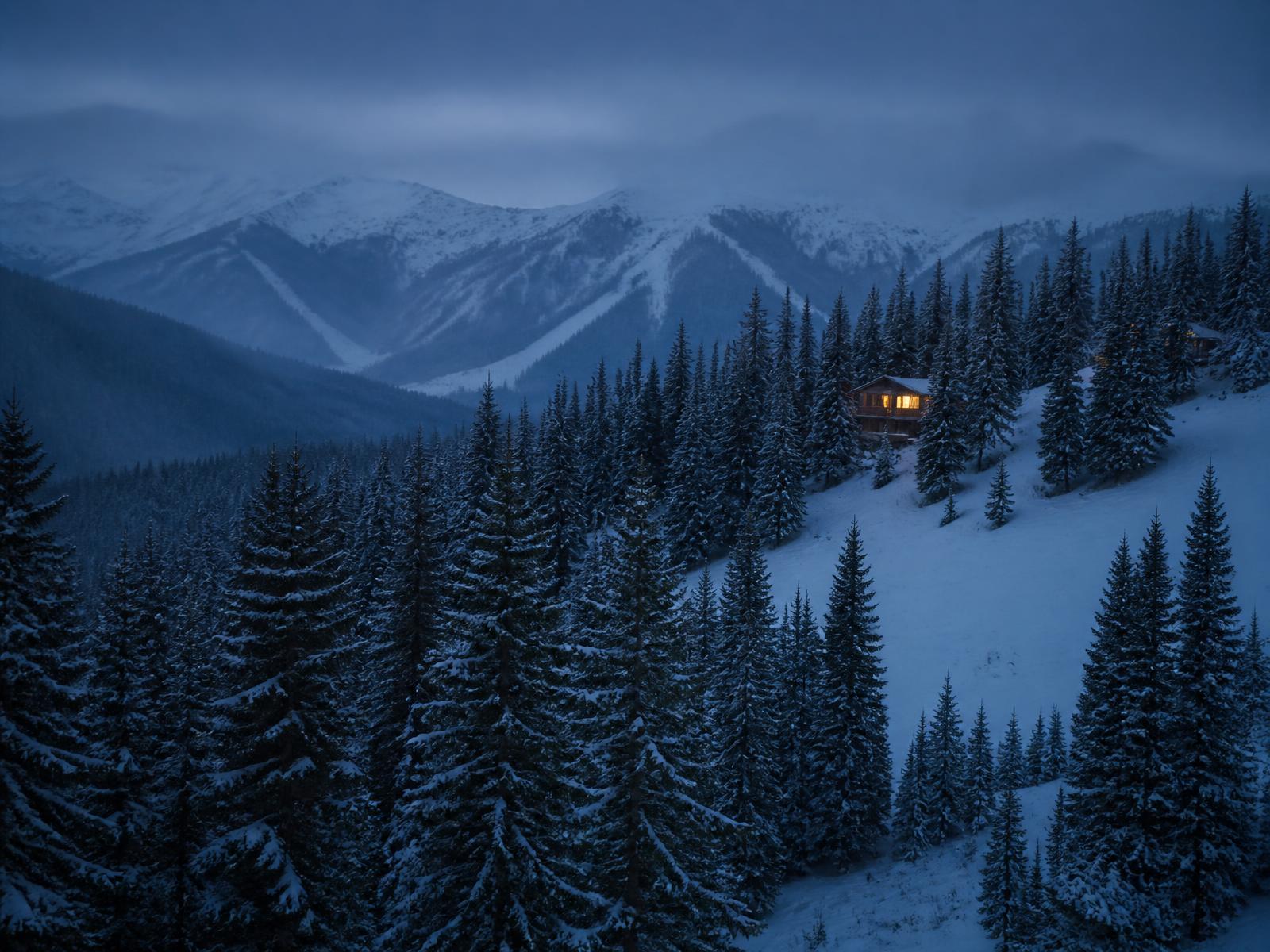 Snow-covered spruce forest and ridgelines above Winter Park, Colorado at dusk