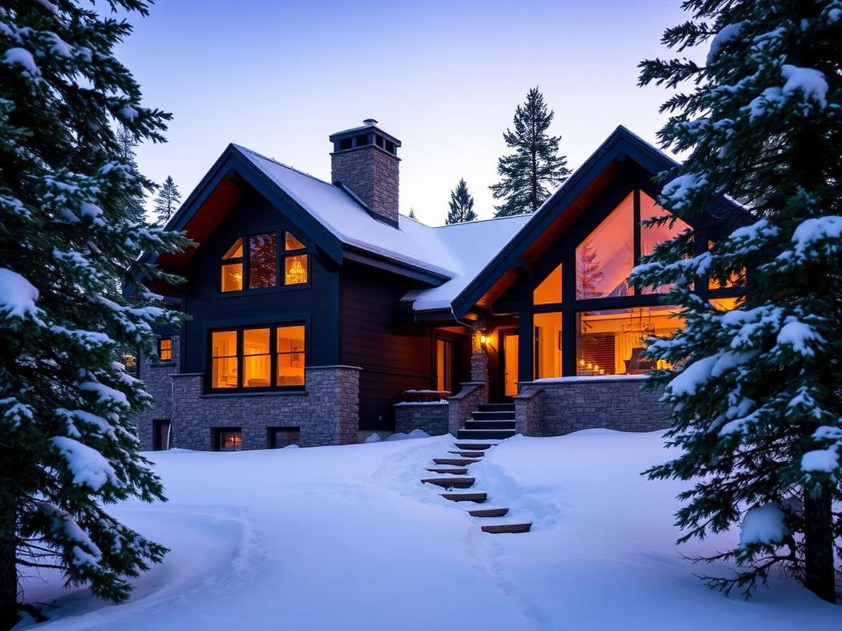 Modern timber and stone mountain home glowing at dusk in deep snow