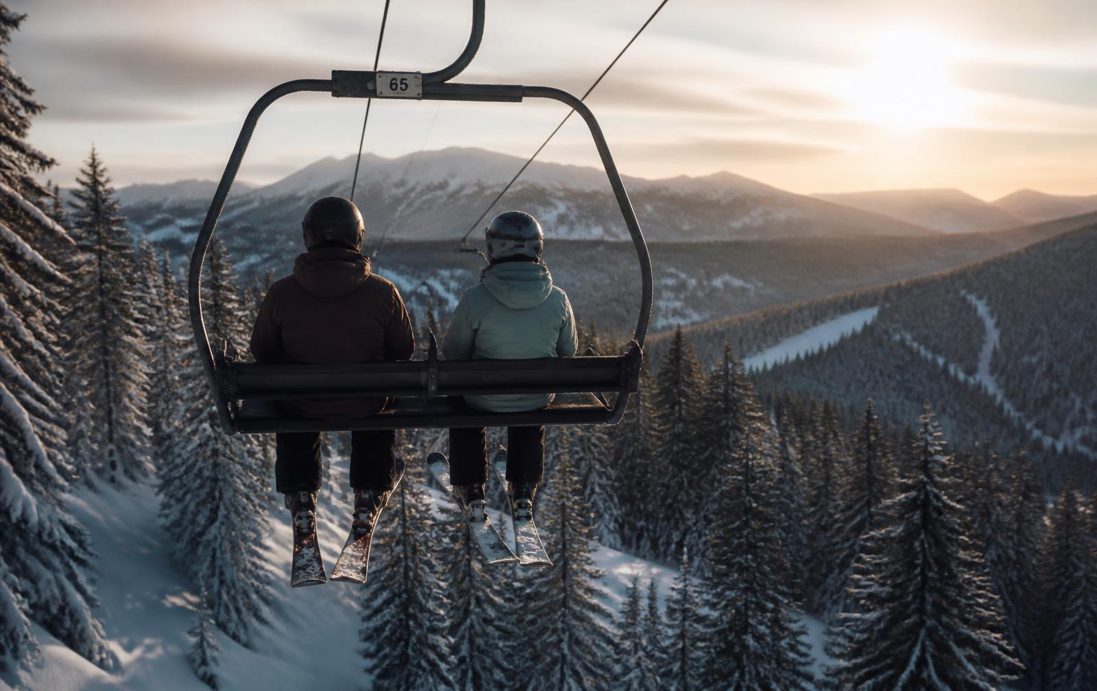 Skiers riding a chairlift above snowy pines at golden hour