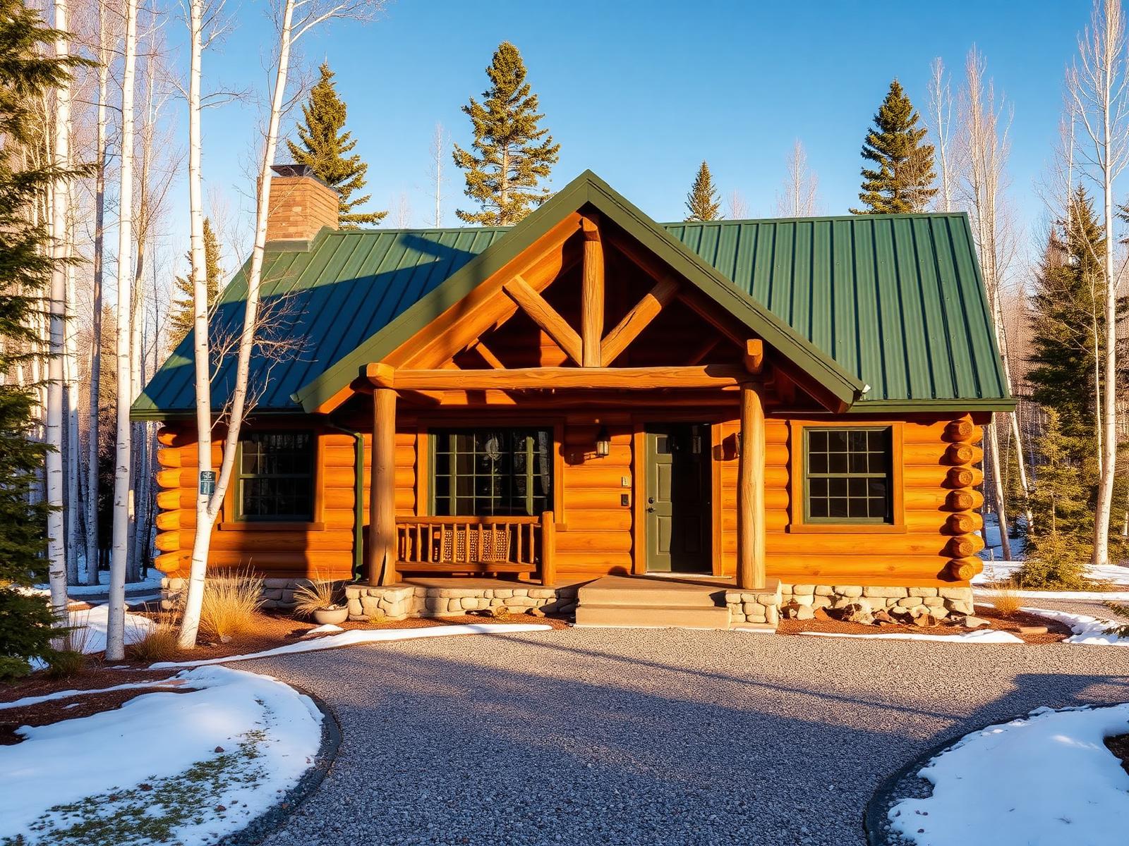 Full-log single family cabin in Fraser, Colorado, with a green metal roof and covered porch in low winter sun