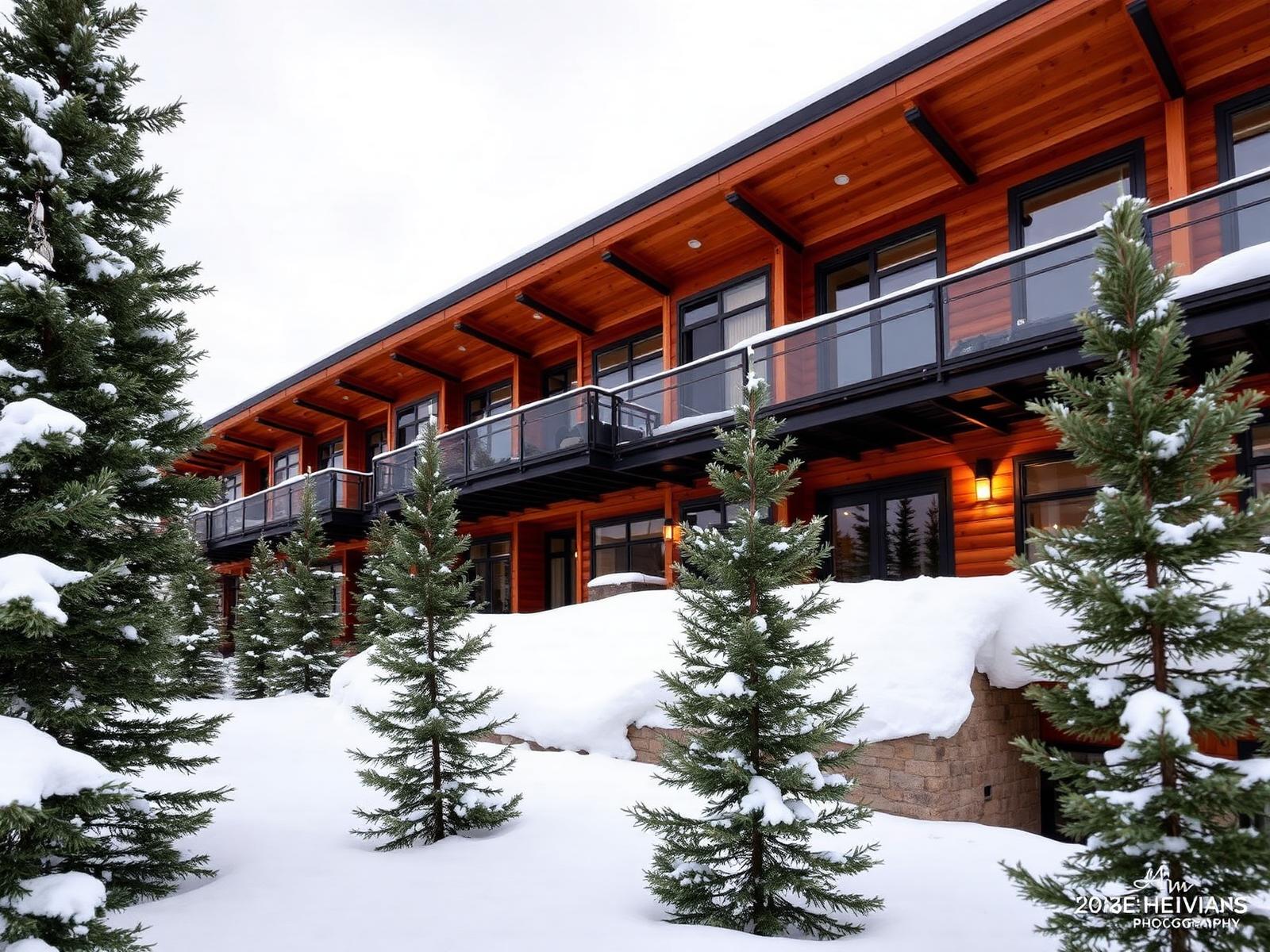 Timber and dark metal condo building in Winter Park, Colorado, with covered balconies under deep snow