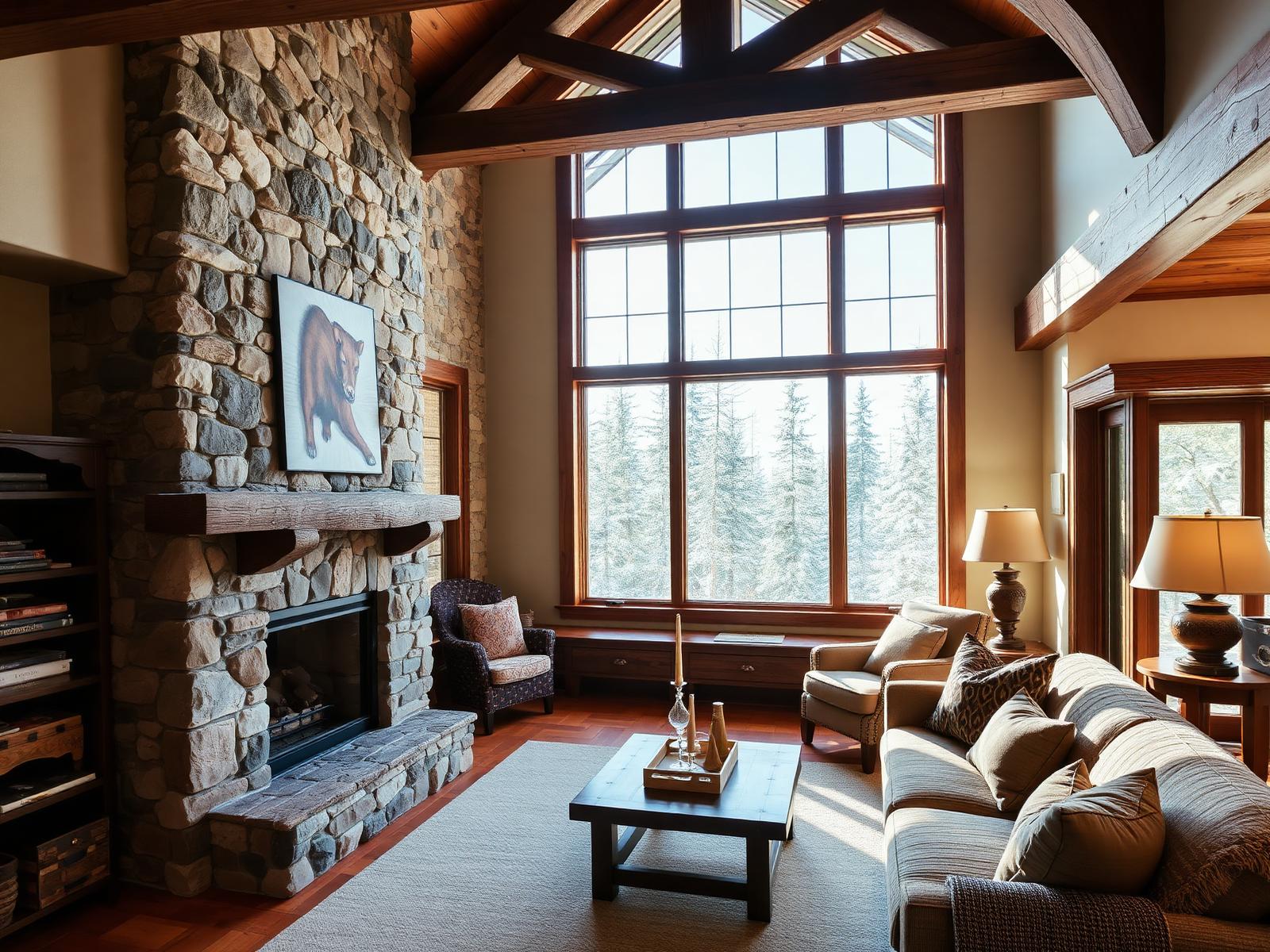 Living room of the Winter Park condo with a stone gas fireplace and tall windows facing snowy pines