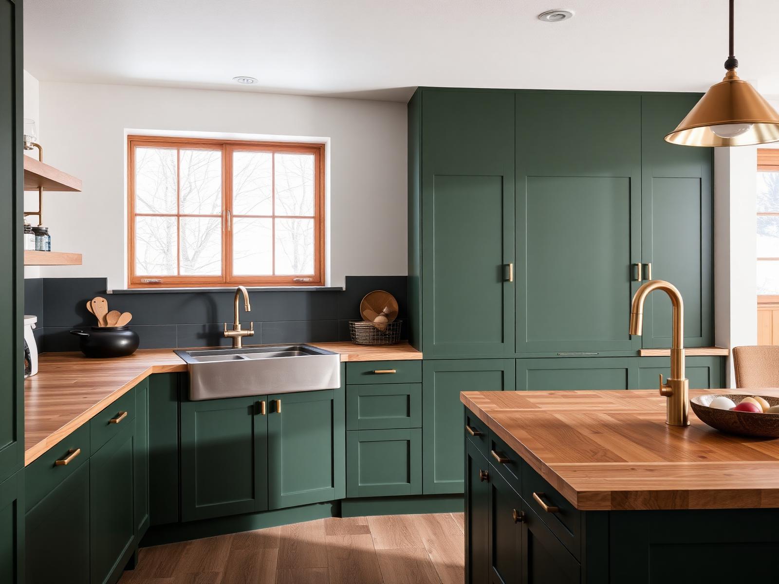 Kitchen in the Winter Park condo with matte green cabinetry, butcher block counters, and brass fixtures