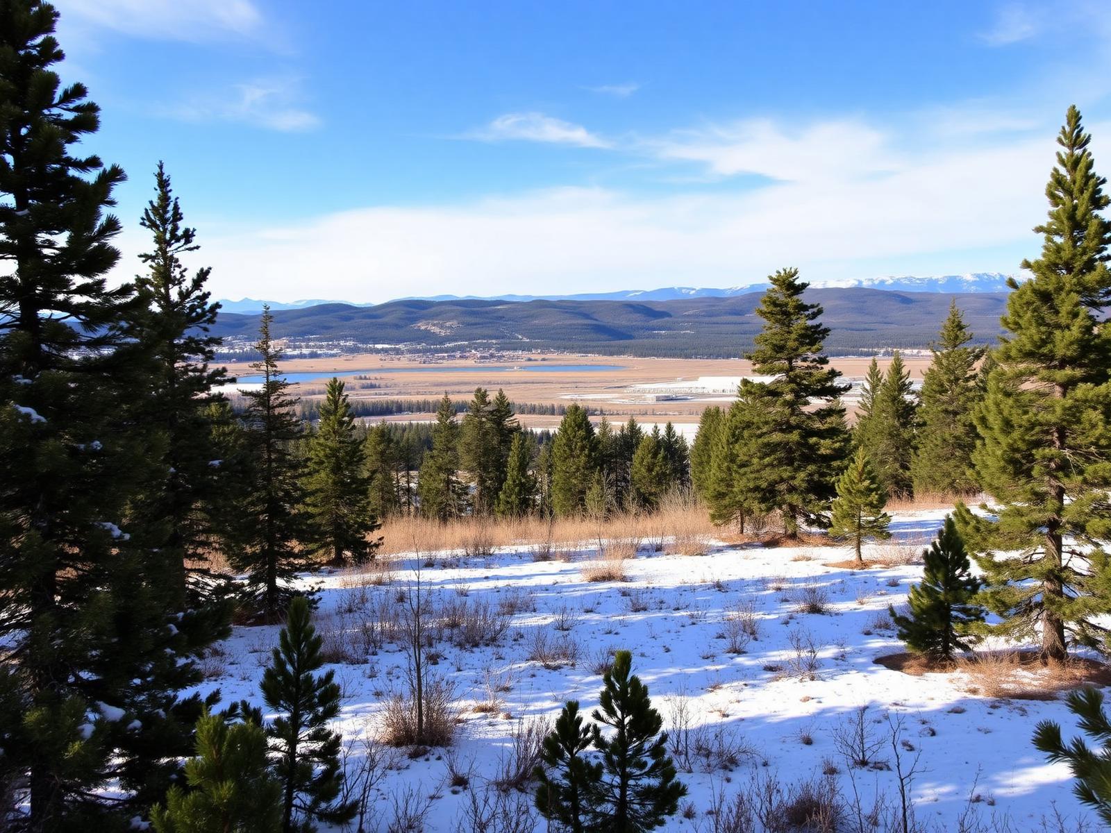 Forested three-acre building lot near Granby, Colorado, with a snowy clearing among lodgepole pines and a distant lake view