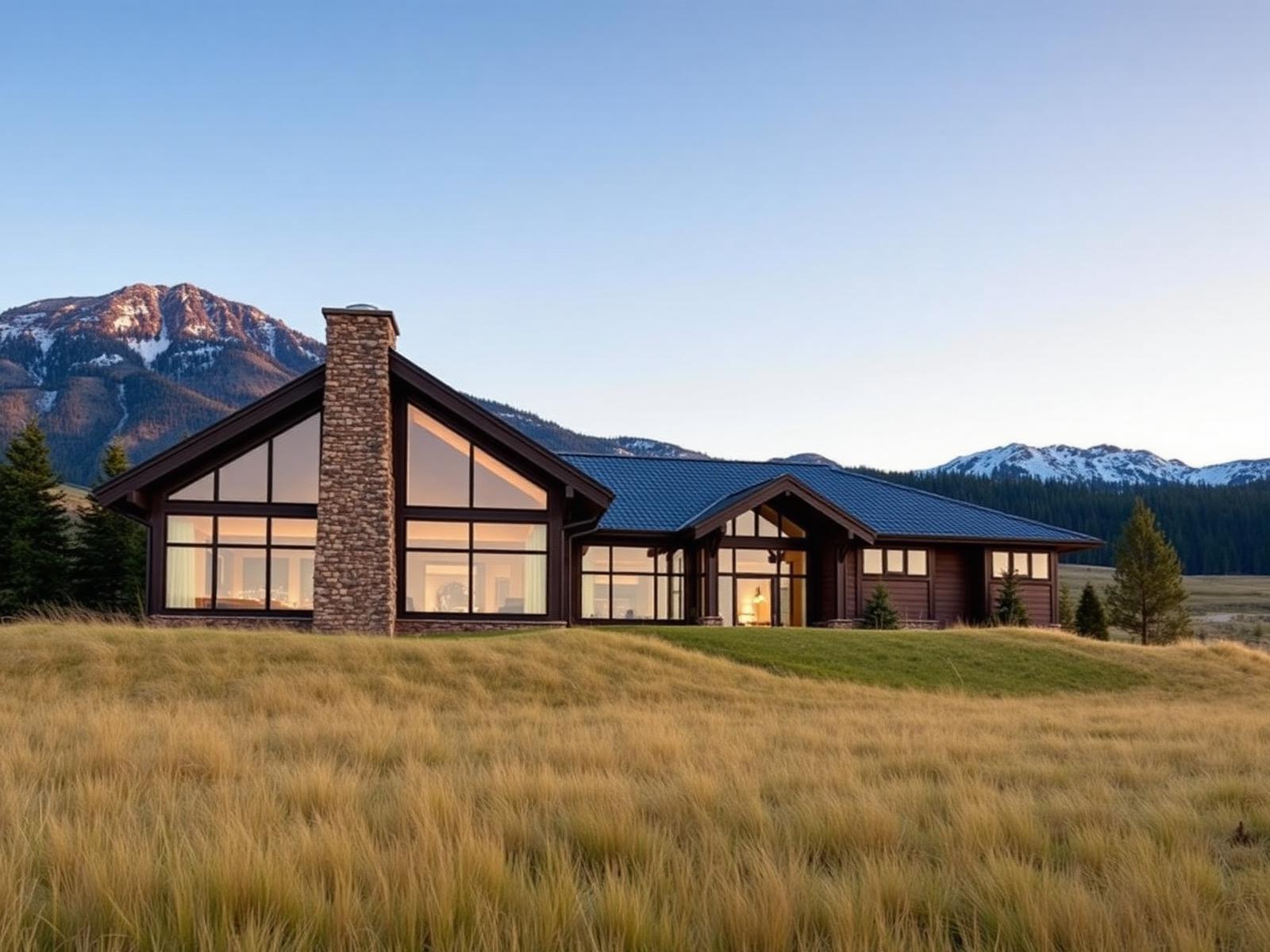 Contemporary single family mountain home on an open meadow lot in Tabernash, Colorado, with a stone chimney and Continental Divide ridgeline behind